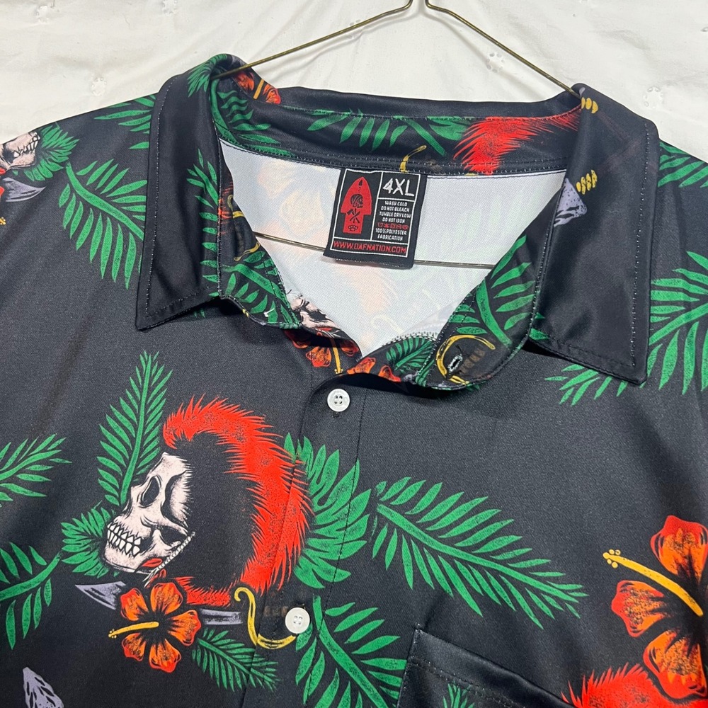 OAF Nation Mens 4XL Mohawk Skull Tropical Hibiscus Button Down Shirt Black